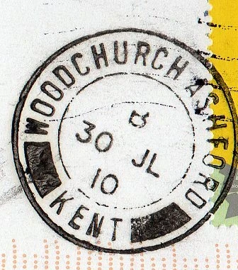 Postmark of Woodchurch Ashford Kent double-ring handstamp with bars 2010